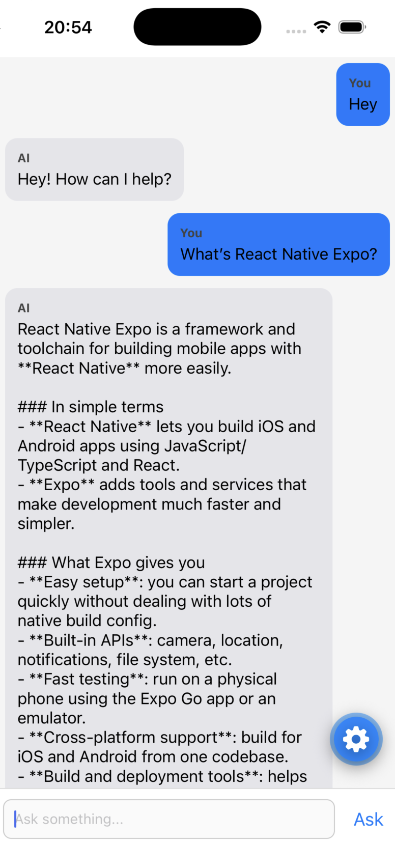 React Native Expo mobile app simulator displaying a chat conversation with the AI assistant