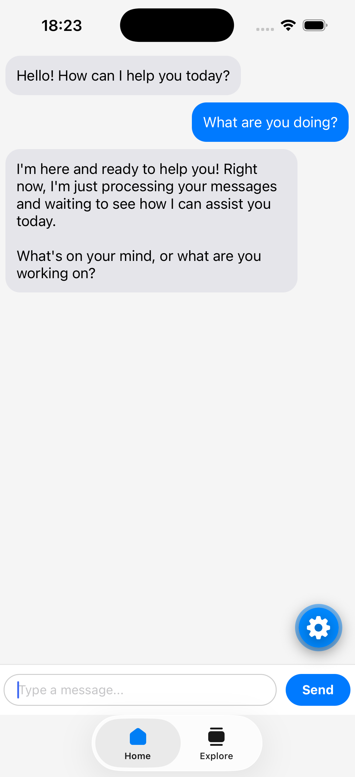 React Native Expo mobile app simulator displaying a chat conversation with the AI assistant