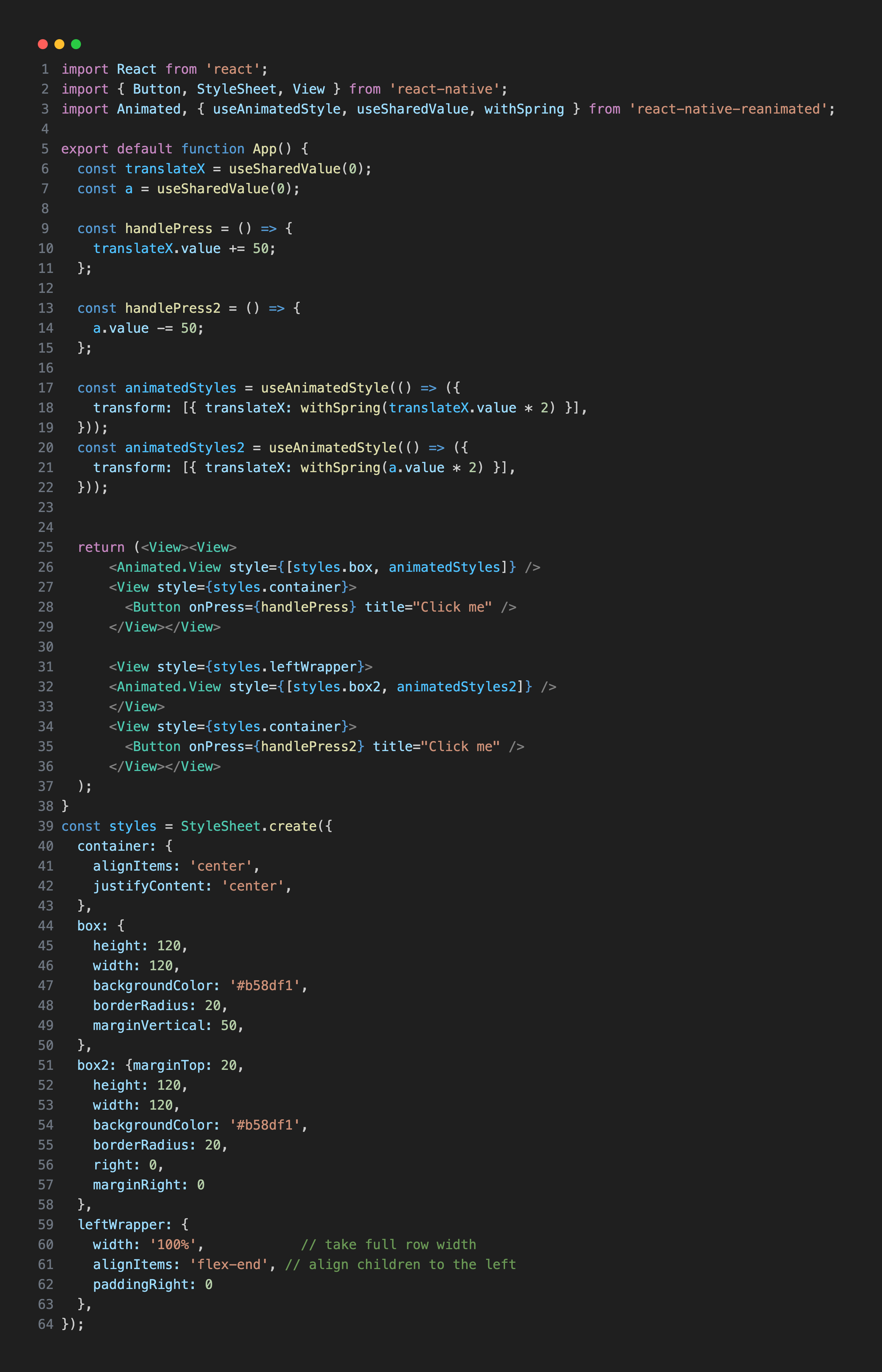 Two elements moving in opposite directions using useSharedValue withSpring animation