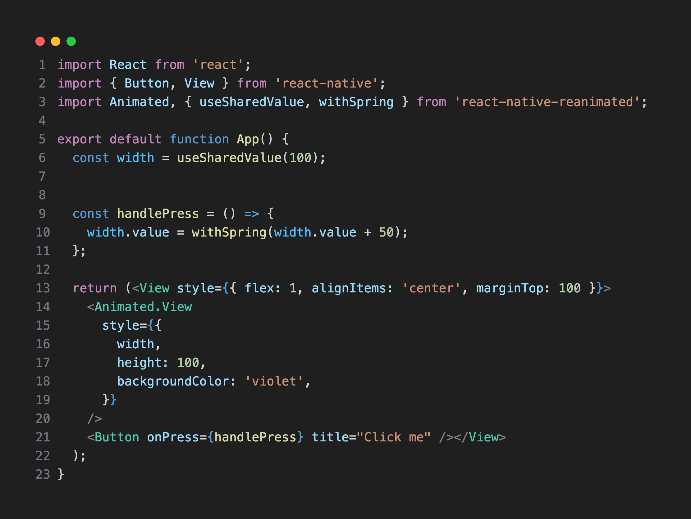 Simple React Native Reanimated example where useSharedValue increases the size of an element