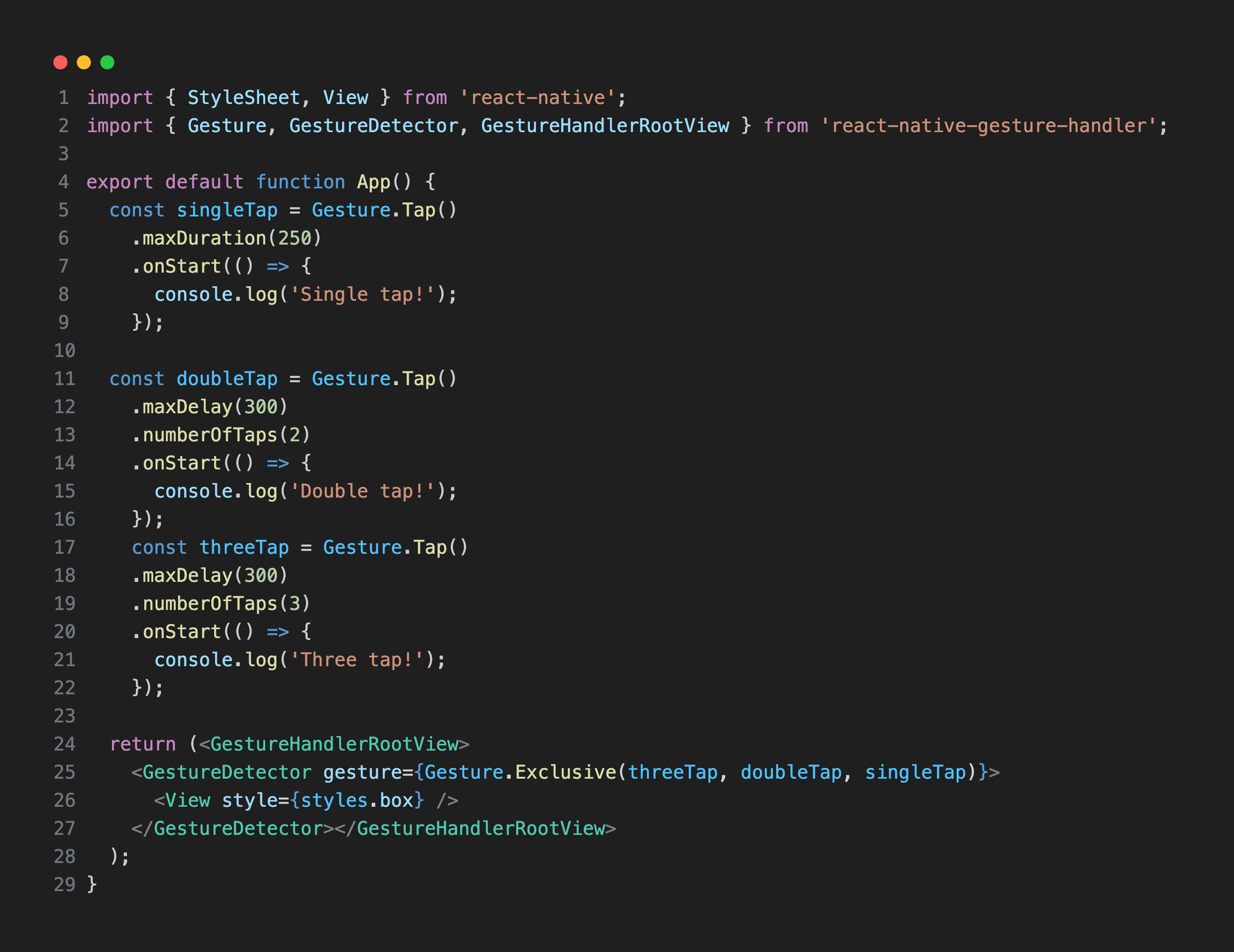 Code example demonstrating an exclusive gesture in React Native Gesture Handler