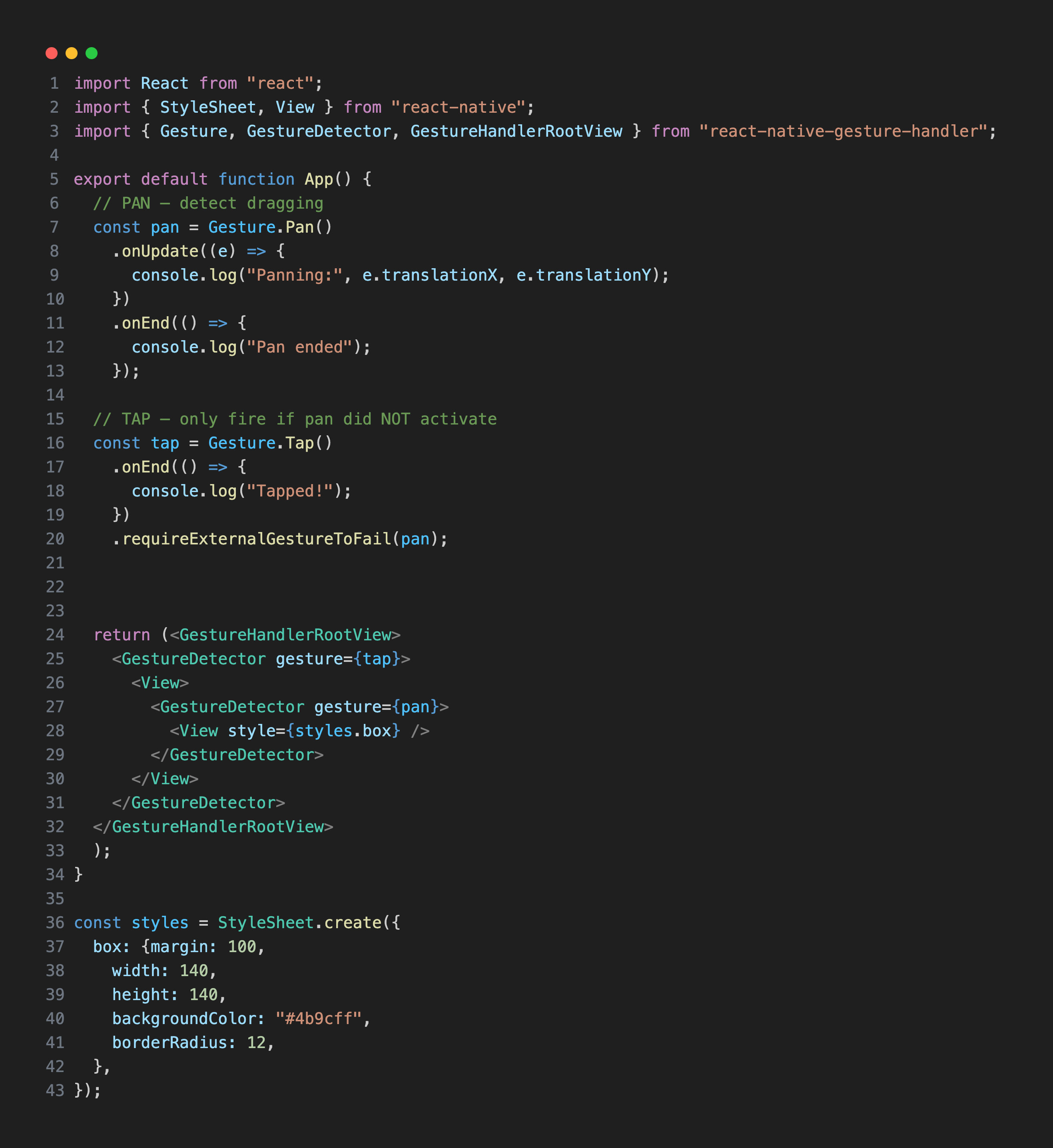 Code example showing requireExternalGestureToFail usage in React Native Gesture Handler