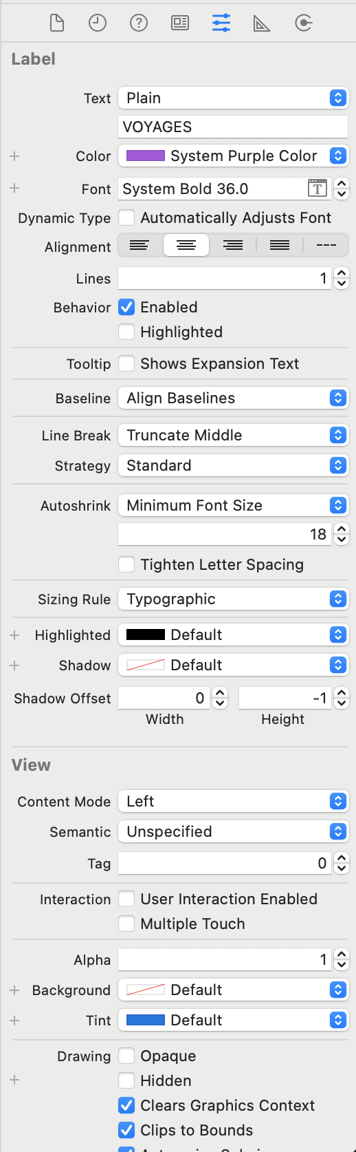 Xcode Identity Inspector of the Label