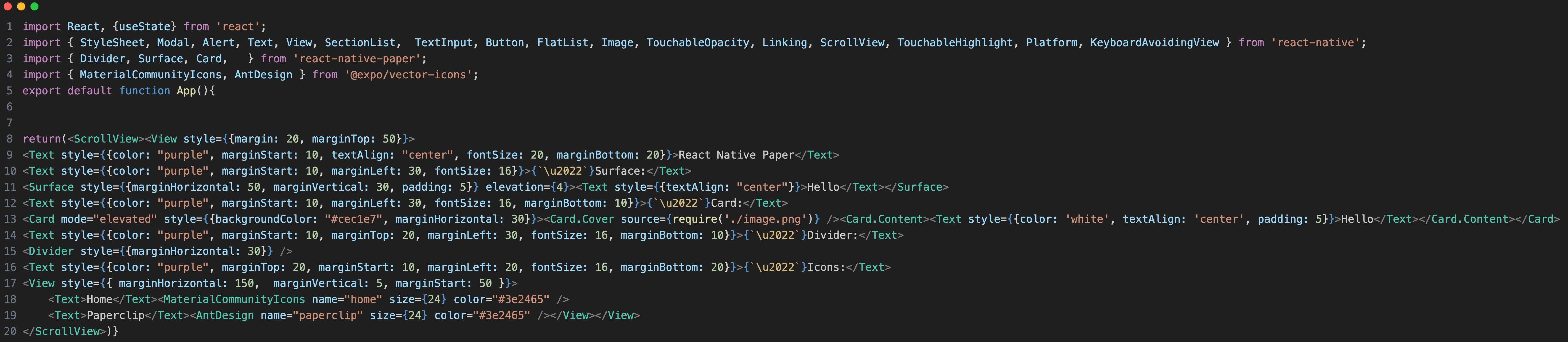 React Native Paper and React Native Vector Icons example