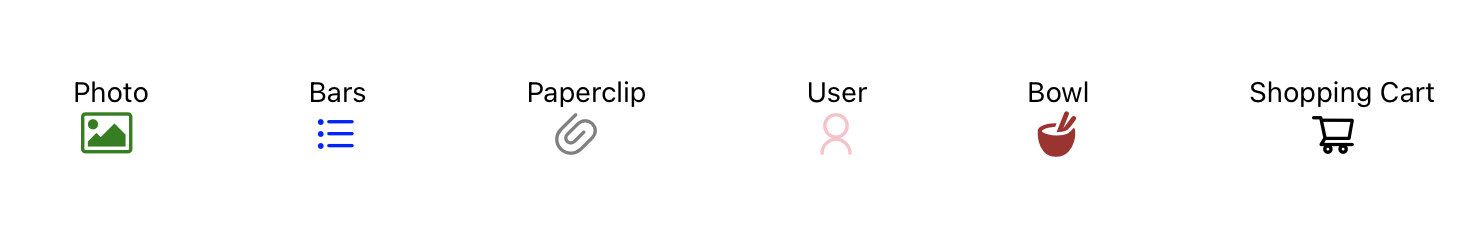 Expo vector icons examples: photo icon from FontAwesome family, bars icon from AntDesign family, paperclip icon from AntDesign family, user icon from AntDesign family, bowl icon from Entypo family, shopping cart icon from AntDesign family