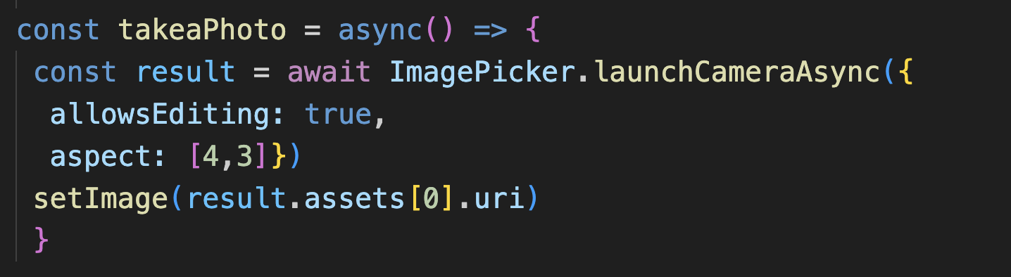 Expo image picker launchCameraAsync method example