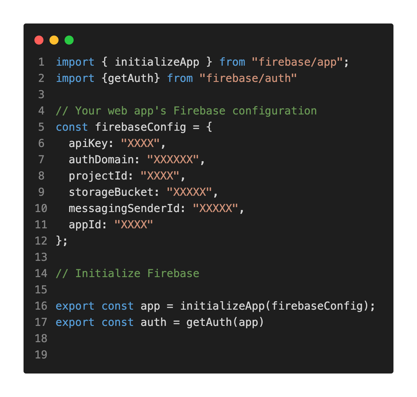 Initializing Firebase app, configuring Firebase, importing Firebase Storage and the methods, integrating Firebase Authentication with Expo