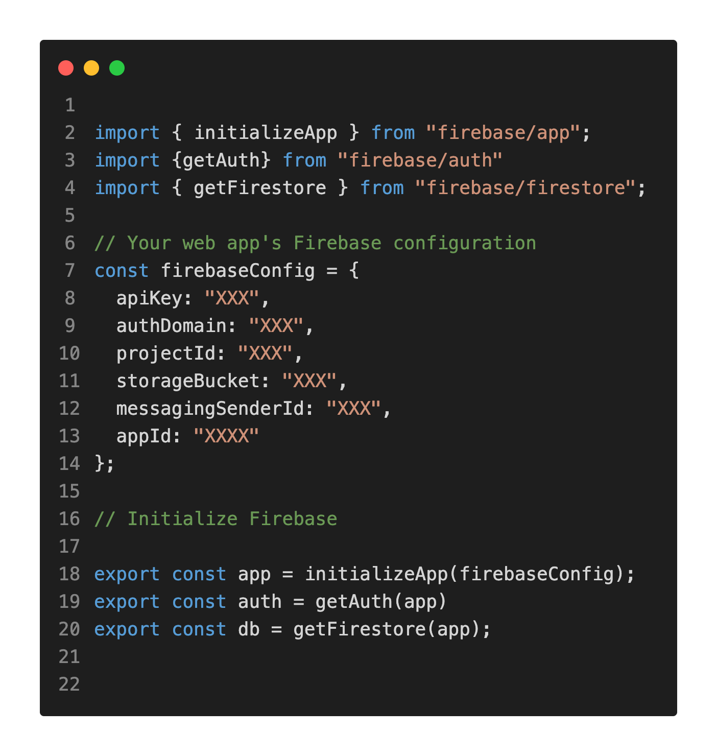 Initializing Firebase app, configuring Firebase, importing Firestore and the methods, integrating Firestore with Expo