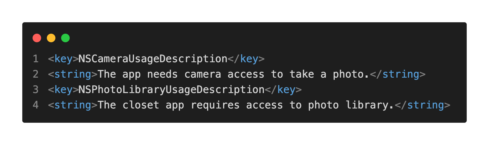 adding React Native keys and strings for camera and photo library usage permission to Info.plist for react native image crop picker library