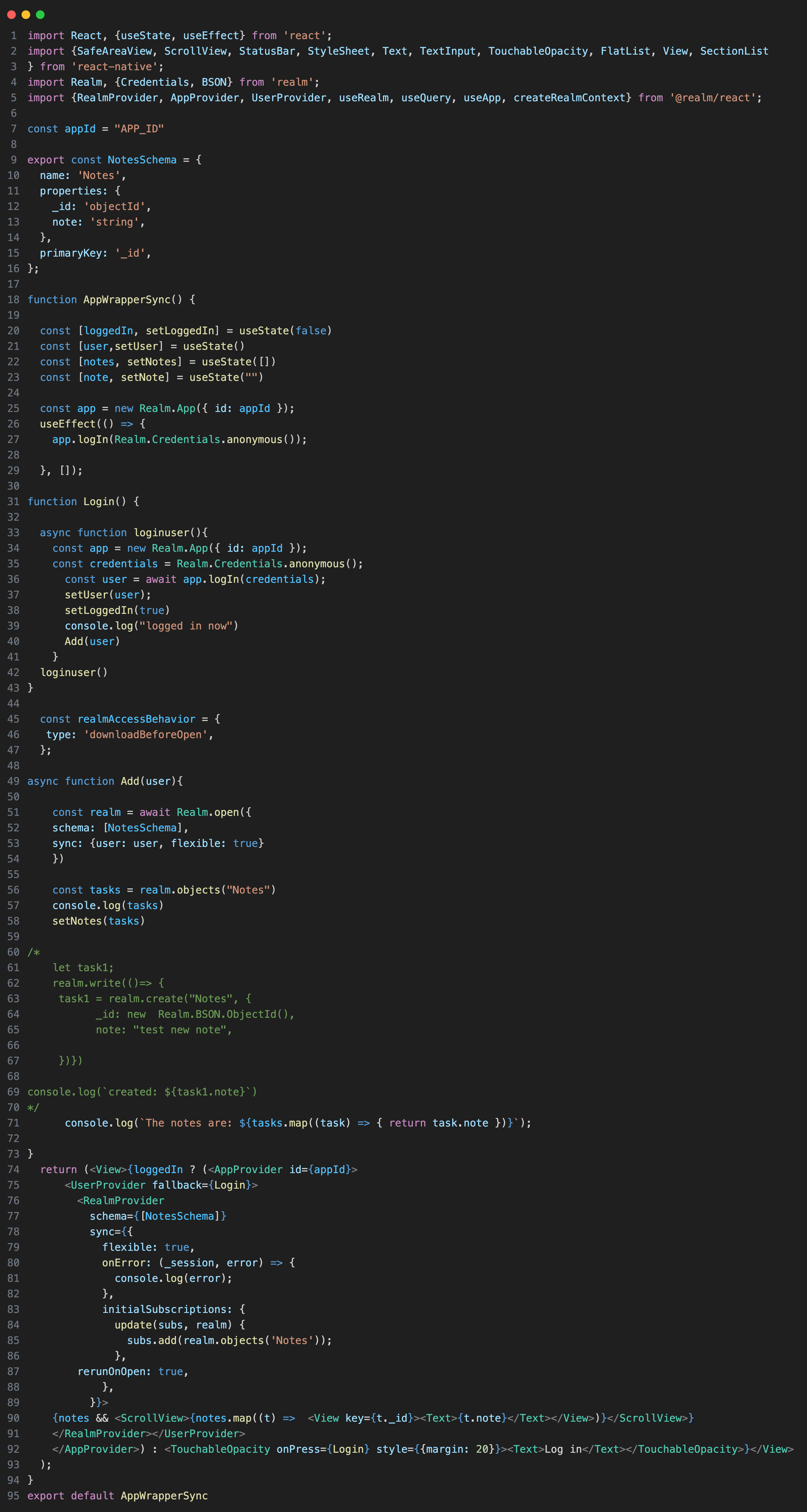 Flexible Sync Realm database with react native example