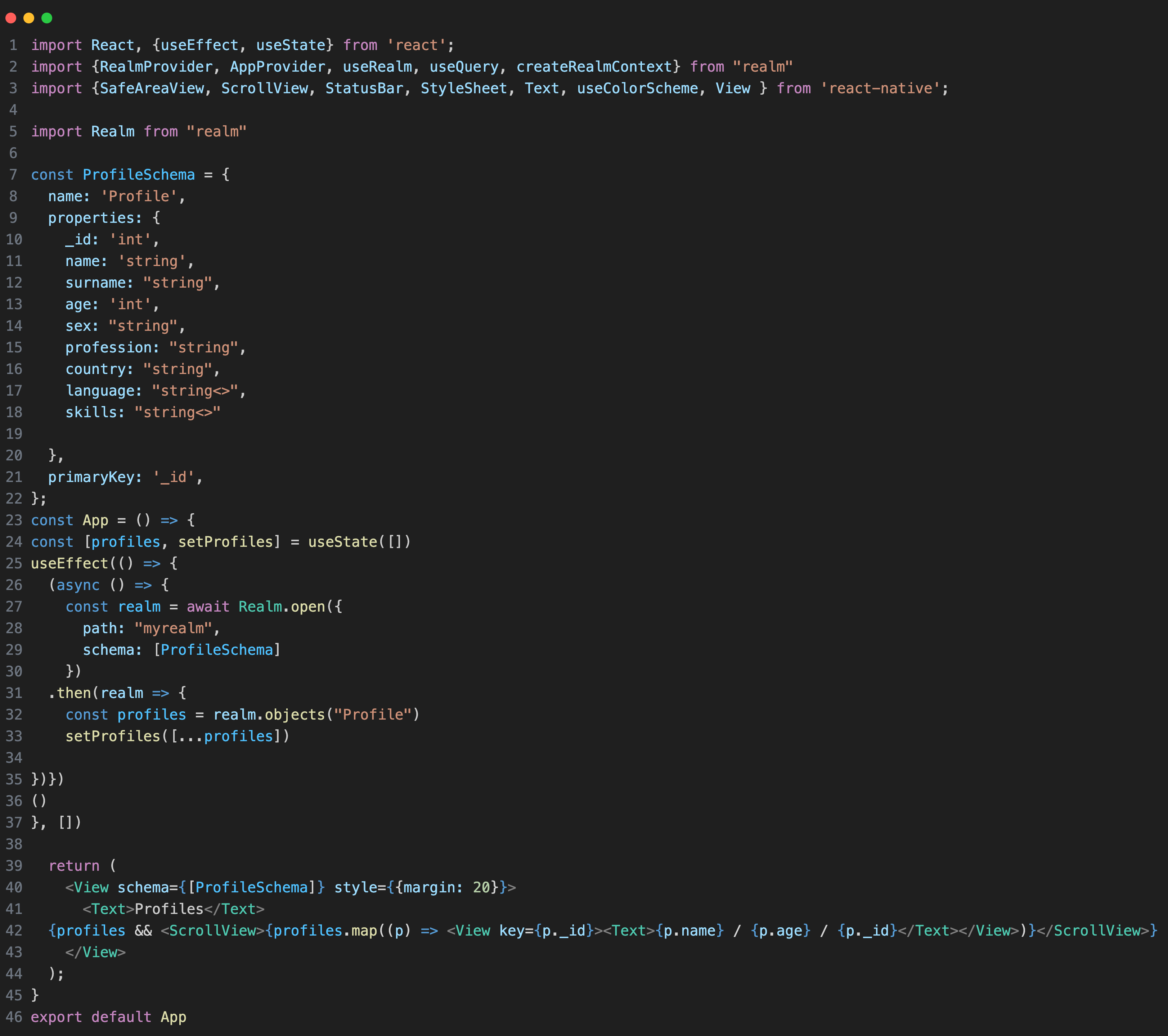 Local MongoDB realm with react native example